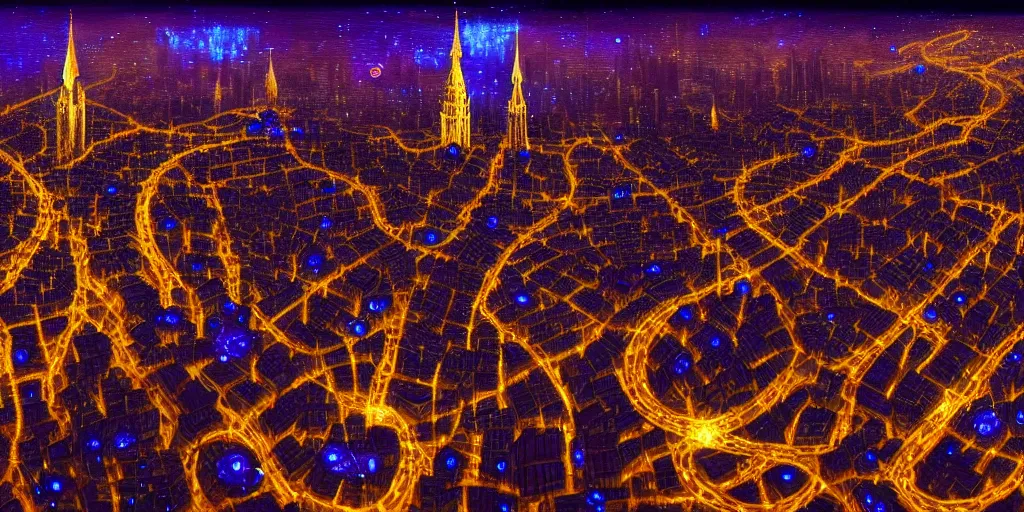 Image similar to magical city of the Great Tartarian Empire adorned with amazing lost technology, lights resembling fireflies, spires from rooftops collecting and distributing etheric energy, cityscape seen at night from above, combining intense detail & utmost quality, very complex, very coherent, bioluminiscent creatures by Christian Hecker, Artstation, - H 832