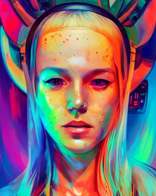 Image similar to colorful portrait of a female hippie, but set in the future 2 1 5 0 | highly detailed | very intricate | symmetrical | professional model | cinematic lighting | award - winning | painted by mandy jurgens | pan futurism, dystopian, bold psychedelic colors, cyberpunk, anime aesthestic | featured on artstation