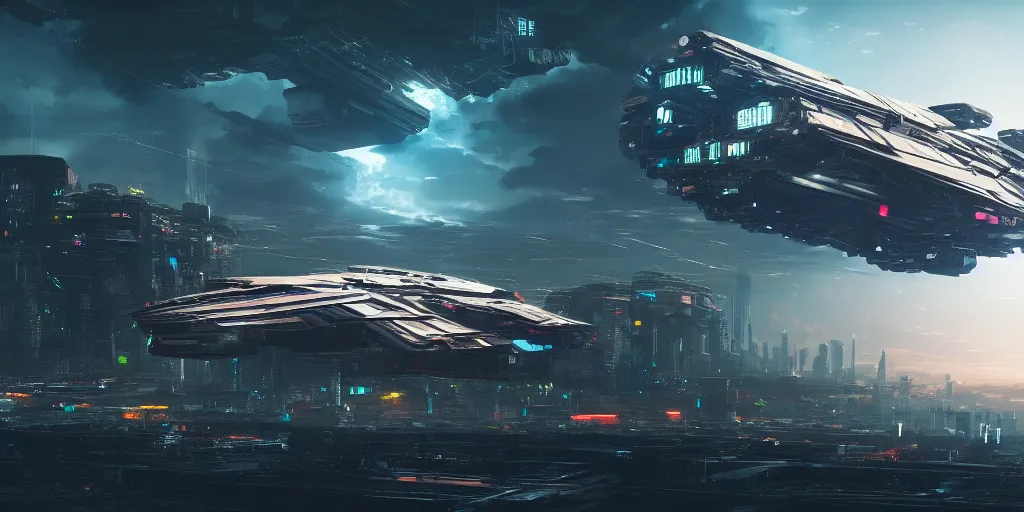 Image similar to cyberpunk spaceship hovering over fields and small houses, science fiction digital art, award winning, trending on artstation, digital art. highly detailed 8 k. intricate. lifelike.