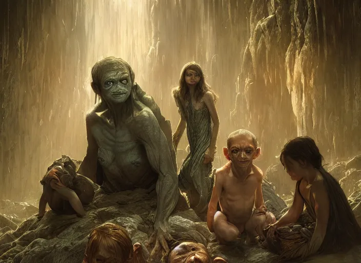 Image similar to a dramatic highly detailed render of Gollum family , Middle-earth , by WLOP and Artgerm and Greg Rutkowski and Alphonse Mucha, Beautiful dynamic dramatic dark moody lighting, shadows, cinematic atmosphere, Artstation, concept design art, Octane render, 8K, masterpiece, sharp focus, hyperrealistic