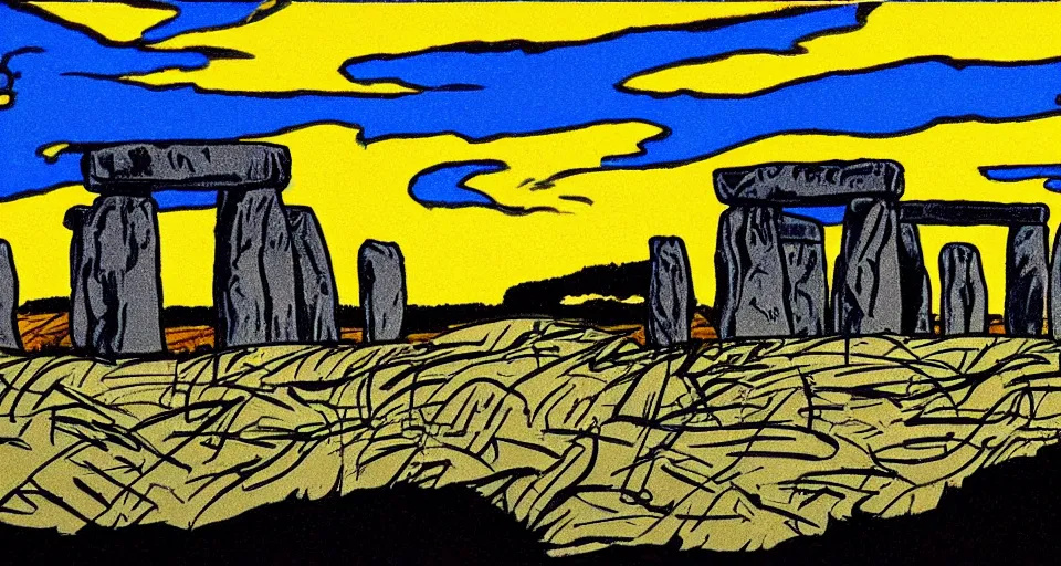 Prompt: color sketch of stonehenge, highly detailed, dramatic lighting, intense shadows, rich deep colours, by roy lichtenstein