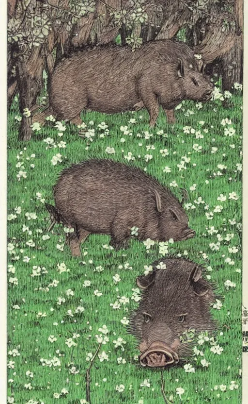 Prompt: by akio watanabe, manga art, boar eating in a field of clovers, trading card front