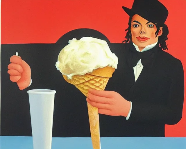 Prompt: Michael Jackson is giving you an icecream, painting by René Magritte