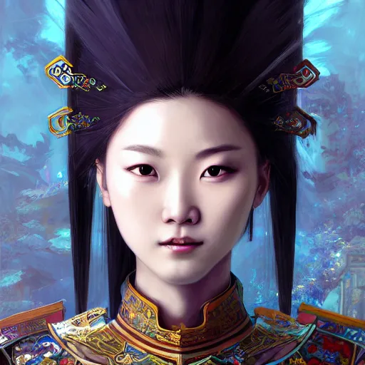 Image similar to beautiful and divine and holy and elite and colorlpunk three kingdom chinese female armor knight portrait like twice tzuyu+shinnyy eyes+front face with light flowing hair, ultradetail face, art and illustration by tian zi and craig mullins and WLOP and alphonse mucha, fantasy, intricate complexity, human structure, human anatomy, fantasy character concept, watermark, blurry, hyperrealism 8k