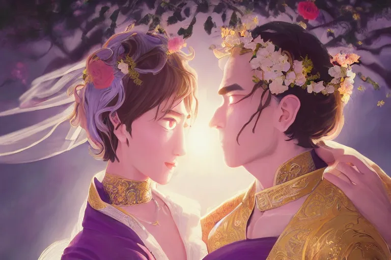 Image similar to a cinematic portrait of wedding photograph jpeg close up moment of a divine a japan sun god and moon goddess lovers magician at a wedding banquet. portraiture. digital painting. artstation. concept art. wedding photo. digital painting. violet evergarden art masterpiece by art by krenz cushart