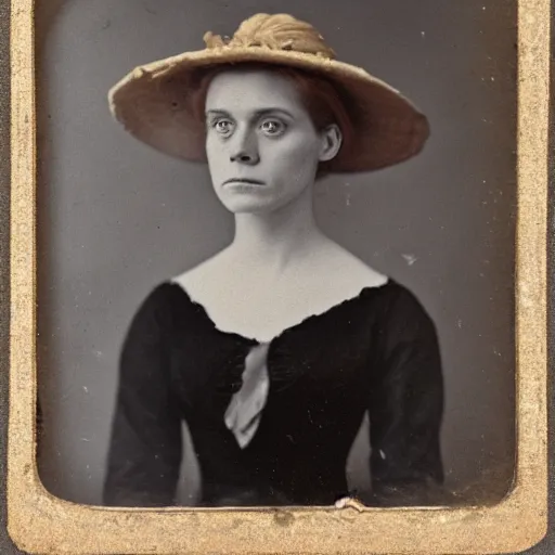 Image similar to a late 1 9 th century, 3 0 years old, austro - hungarian, sullen old maid ( redhead, tight bun, tight bun, straw hat decorated with too big flowers, looks a like amy adams mixed with anne - marie duff, but not pretty, as a strict school teacher ), daguerreotype by emil rabending and robert cornelius