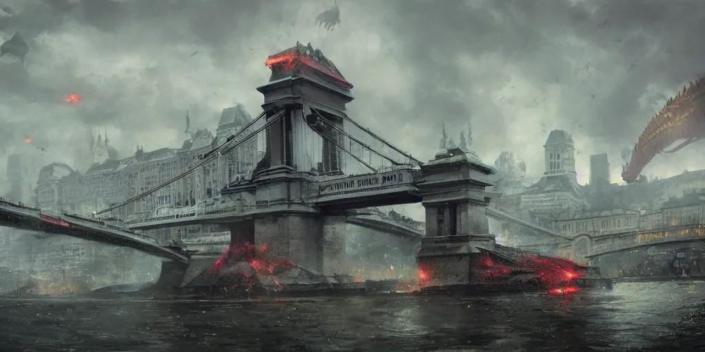 Prompt: kaiju attack in budapest, chain bridge painting, greg rutkowski detailed, rule of thirds, cinematic