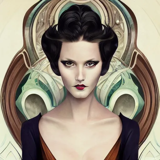 Image similar to an art nouveau, ( streamline moderne ), multi - racial portrait in the style of anna dittmann and charlie bowater and loish. very large, clear, expressive, and intelligent eyes. symmetrical, centered, ultrasharp focus, dramatic lighting, photorealistic digital matte painting, intricate ultra detailed background.