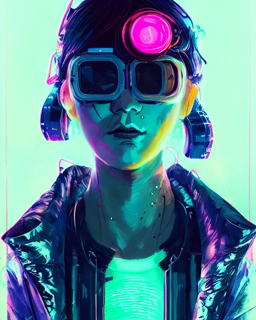 Prompt: detailed portrait neon operator lady, pigtails, cyberpunk futuristic, neon, reflective puffy coat, decorated with traditional japanese by ismail inceoglu dragan bibin hans thoma greg rutkowski alexandros pyromallis nekro rene margitte, illustrated, perfect face, fine details, realistic shaded, fine - face, pretty face