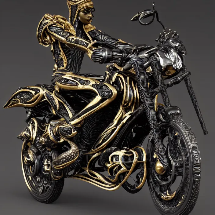 Prompt: fine art statue of black egyptian man on a surrealist motorbike motorcycle, ebony art deco sculpture, carved black marble, inlaid with ebony and gold accents, ebony rococo, wings black lace wear, spider zero, zaha hadid, beautifully lit, hyper detailed, octane render, intricate, elite, ornate, photorealistic, micro details, 3 d sculpture, ray trace