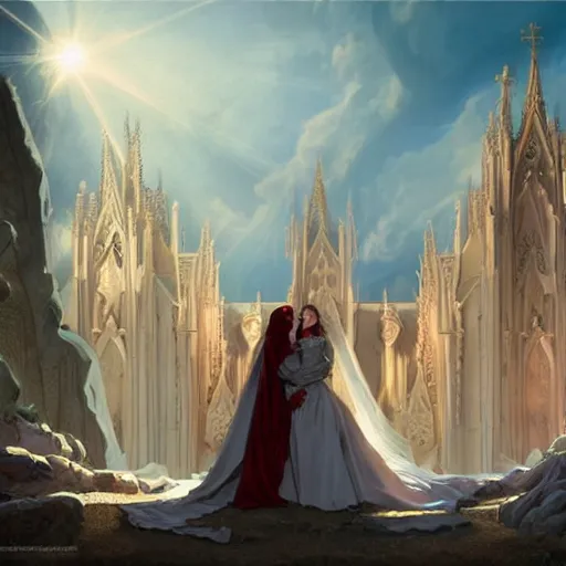 Prompt: an beautiful and detailed matte painting of a lesbian wedding between evil pyromancer and a red mage, unholy, white church background, god rays, detailed face, sharp focus, highly detailed, cinematic lighting, studio quality, colorful, smooth render, vector illustration, award winning, by artgerm, greg rutkowski, alphonse mucha