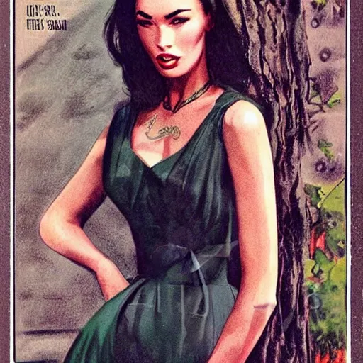 Prompt: “Megan Fox portrait, color vintage magazine illustration 1950”