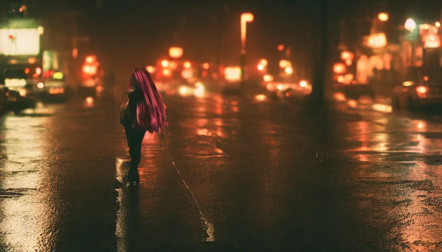 Prompt: street of philadelphia, photography, night, rain, mist, a girl with pink hair, cinestill 8 0 0 t, in the style of william eggleston