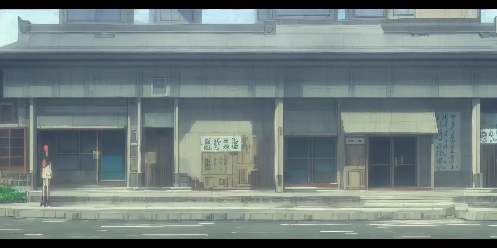 Image similar to close up front view of a japanese building facade with signs on it, a screenshot from the anime film by Makoto Shinkai