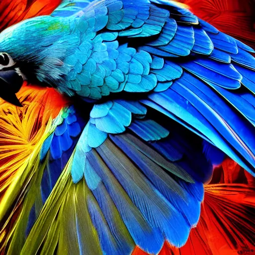 Prompt: blue parrots bird, flying steam smoke, motion, fluids mixing, ornate intricate, hyper realistic, 16k, post processing, saturated blue colors, nature background