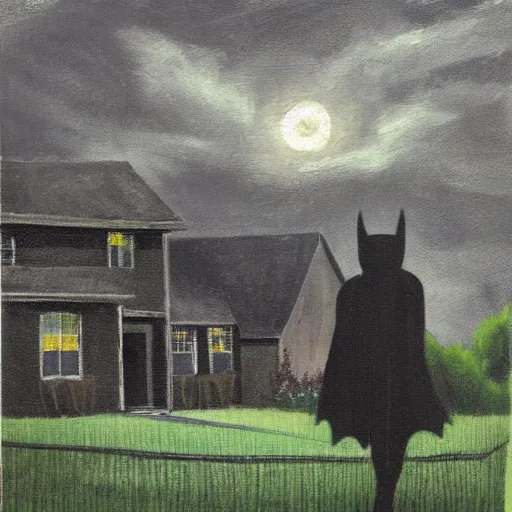 Image similar to “Batman standing on the lawn in front of a house facing the house, garden, trees, clouds, sharp shadows, night, highly detailed, LKART Leonard Koscianski Contemporary Art.”