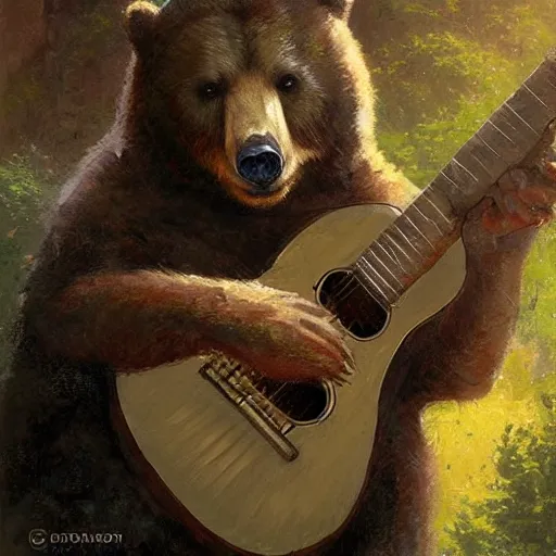 Image similar to realistic bear playing fantastic primitive forms guitar, fantasy character portrait by Greg Rutkowski, Craig Mullins, Gaston Bussiere