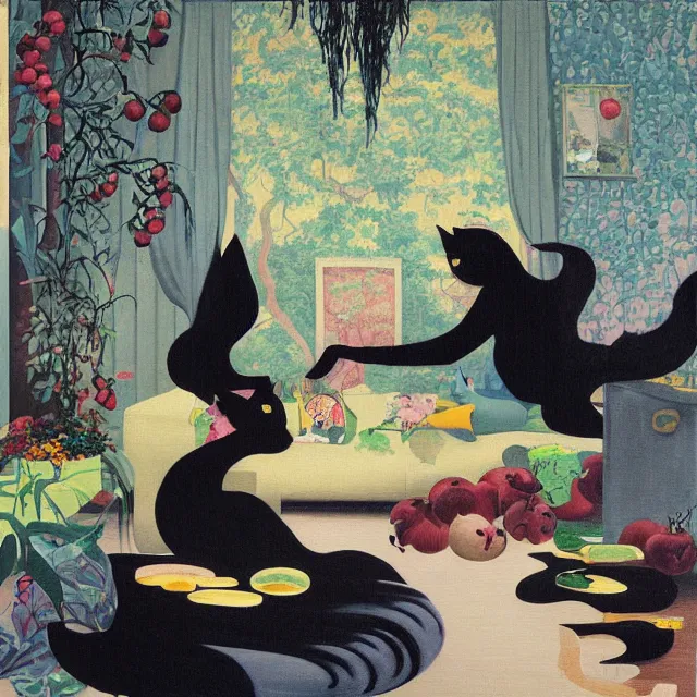 Image similar to emo catgirl artist in her lounge room, painting of flood waters inside an artist's loungeroom, a river flooding indoors, pomegranates, pigs, ikebana, water, octopus, river, rapids, waterfall, black swans, canoe, berries, acrylic on canvas, surrealist, by magritte and monet