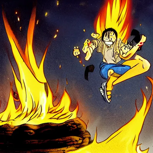 Prompt: a person jumping over a campfire by eiichiro oda