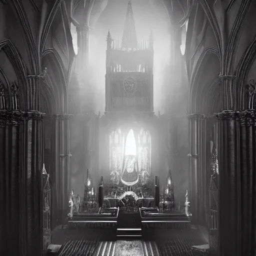 Image similar to an ultra detailed black and white tarot card of the throne of the evil patriarch up incredibly high looking down into the cathedral, incense smoke drifting through the air, artstation, volumetric lighting, exquisite detail, octane render, 8 k postprocessing, art by john collier and albert aublet