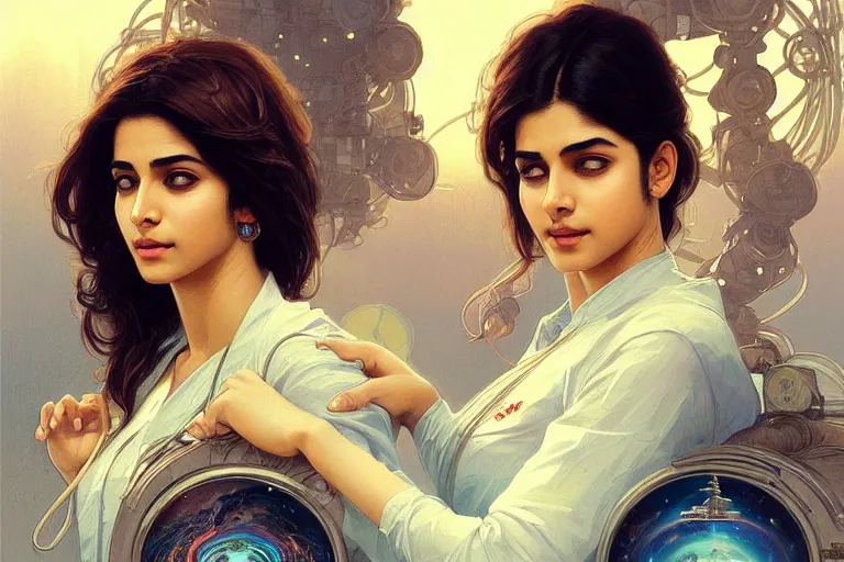 Image similar to Sensual good looking pale young Indian doctors wearing jeans in a space elevator above Earth, portrait, elegant, intricate, digital painting, artstation, concept art, smooth, sharp focus, illustration, art by artgerm and greg rutkowski and alphonse mucha