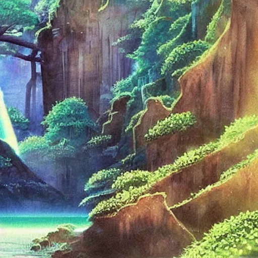 Image similar to “ ancient portal to other dimension in middle of waterfall in studio ghibli film, very detailed, masterpiece, chinese water color painting ”