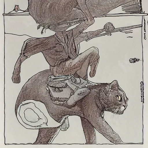 Prompt: a moebius drawing of small people riding an gigantic cat