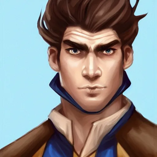 Image similar to a young man with shoulder length brown hair, with a scar on his forehead. blue uniform. serious expression, handsome, rugged, kaladin stormblessed, way of kings, artgerm, portrait, sketch, rpg, dnd