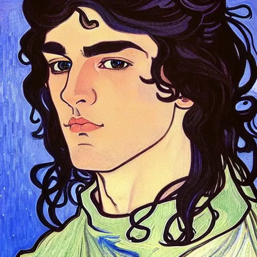 Image similar to painting of young handsome beautiful paladin elf!! man with long wavy dark hair in his 2 0 s named shadow taehyung at the blueberry party, wearing armor!, elegant, clear, painting, stylized, delicate, soft facial features, art, art by alphonse mucha, vincent van gogh, egon schiele,