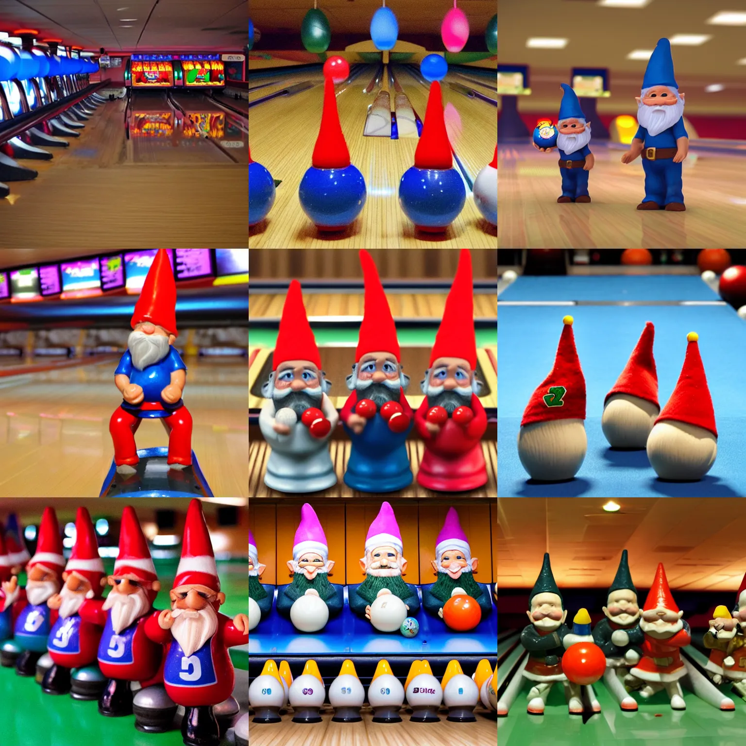 Prompt: gnomes at the bowling alley