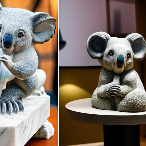 Image similar to a marble statue of a koala dj in front of a marble statue of a turntable. the koala has wearing large marble headphones.