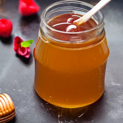 Prompt: dingleberry honey, honey with fresh dingleberries floating inside, food photography