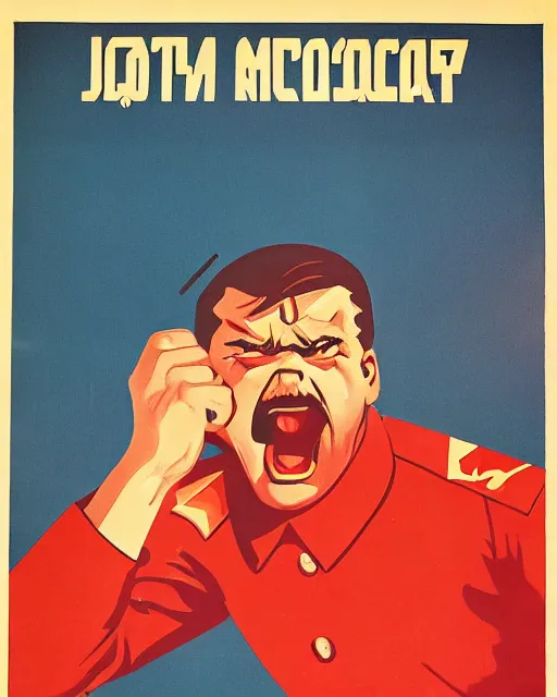 Image similar to soviet propaganda poster of an angry communist developer yelling at his computer