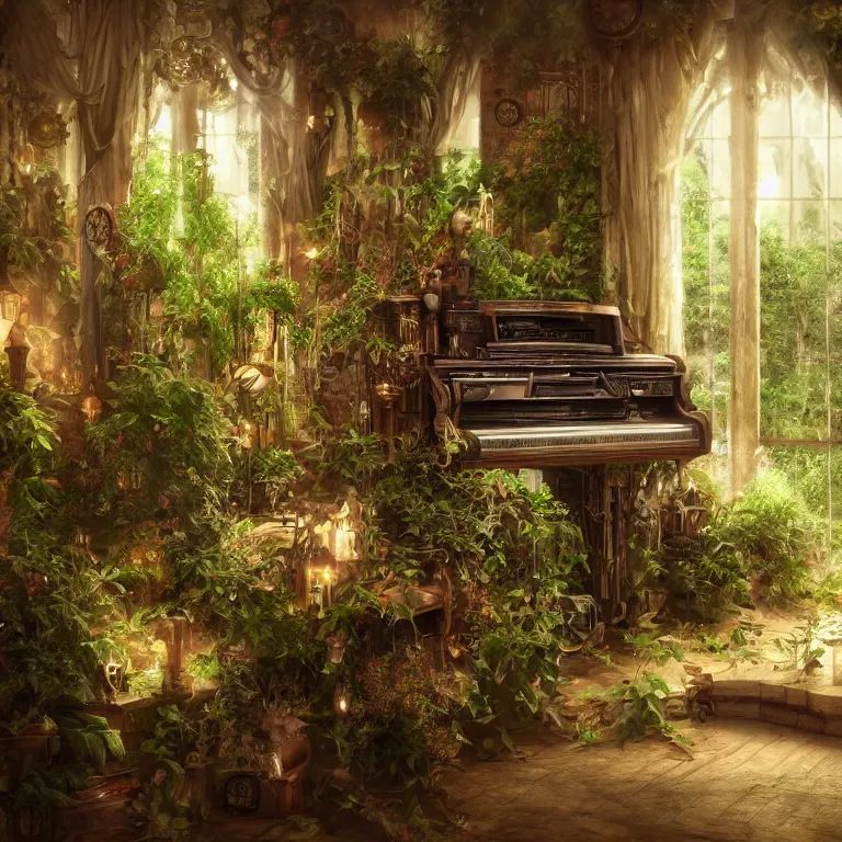 Image similar to a steampunk piano in a room covered with foliage, clockwork, somber melancholic matte painting, elegant oil painting, liminal space, 8k, stillness, solitude, warm lovely sentimental atmosphere, masterpiece