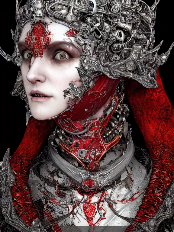 Image similar to portrait art of 8k ultra realistic vampire queen,intricate red crown, detailed intricate ornate armour,decaying, cybernetic, full of colour, cinematic lighting, battered, trending on artstation, 4k, hyperrealistic, focused, extreme details,unreal engine 5, cinematic, masterpiece, art by ayami kojima, giger
