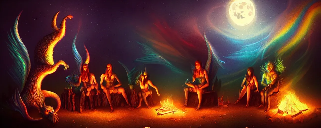 Image similar to uncanny!!! bifrost!!! mythical beasts of sitting around a fire under a full moon at bifrost, surreal dark uncanny painting by ronny khalil