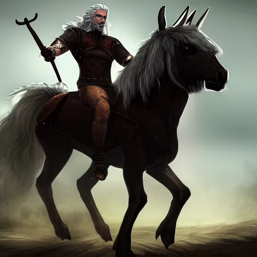 Prompt: A centaur looking like the Witcher, dungeons and dragons character design, 4k