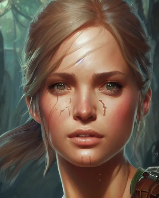 Prompt: Chloe (Uncharted), closeup, D&D, fantasy, intricate, elegant, highly detailed, digital painting, artstation, concept art, matte, sharp focus, illustration, hearthstone, art by Artgerm and Greg Rutkowski and Alphonse Mucha