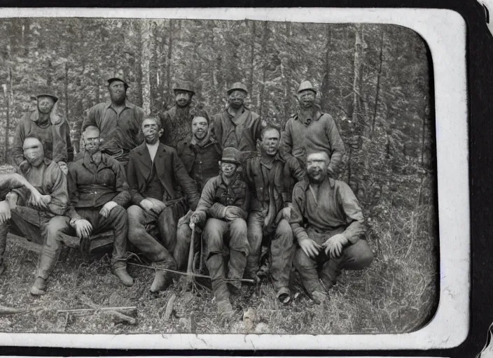 Image similar to tintype photo of a group of men after a successful hunt in the forest, standing over a deceased sasquatch