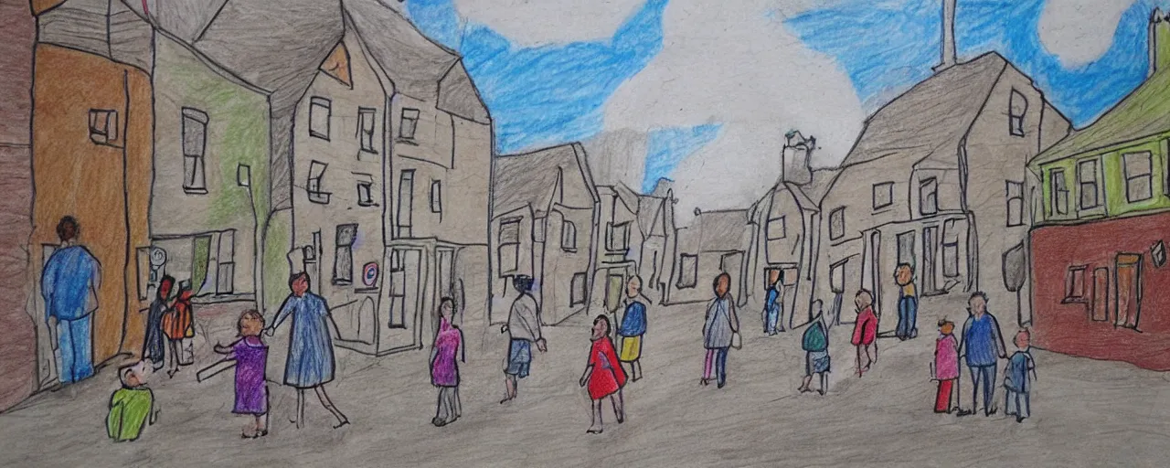 Prompt: a Child's drawing of street life in kirkwall orkney