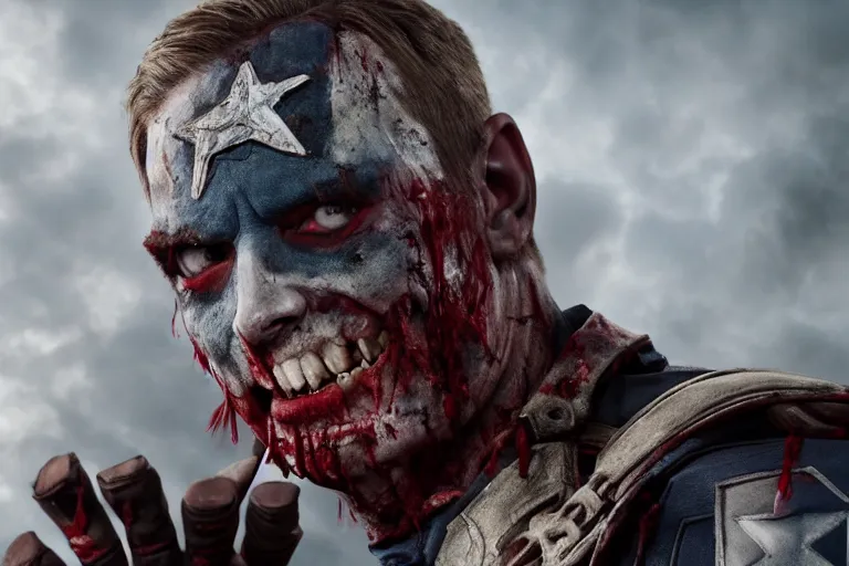 Prompt: film still of zombie zombie Captain America as a zombie in new avengers movie, 4k