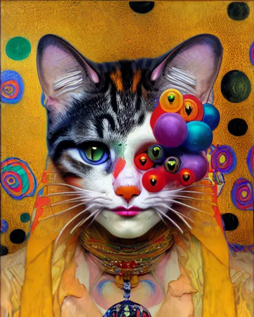 Prompt: clown cat portrait an oil painting splashes with many colors and shapes by gustav klimt greg rutkowski and alphonse mucha, polycount, generative art, psychedelic, fractalism, glitch art