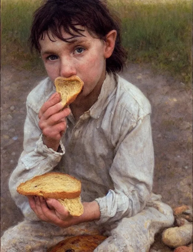 Prompt: portrait of peasant boy biting a bread, cottage core, cinematic focus, polaroid photo bleached vintage pastel colors high - key lighting, soft lights, foggy, by steve hanks, by lisa yuskavage, by serov valentin, by tarkovsky, detailed, oil on canvas