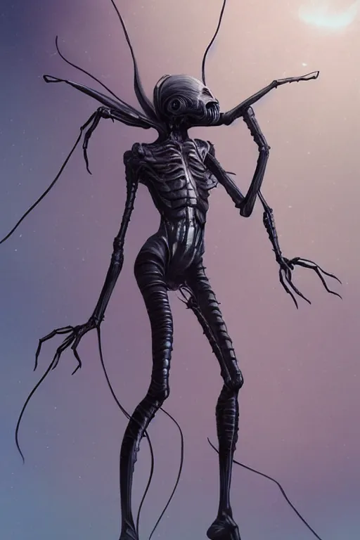 Image similar to portrait of an elegant alien spider queen, long legs, many legs, spindly legs, full body character concept art, by artgerm, tom bagshaw, gerald brom, vaporwave colors, lo - fi colors, vaporwave, lo - fi, moody vibe, goth vibe, 4 k, hd,