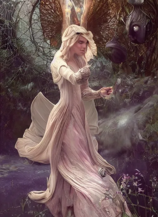 Image similar to fairy foreteller in princess iridescent dress, physically accurate, moody dynamic lighting, very very intricate, very very elegant, highly detailed, digital painting, artstation, HR GIGER, Hieronymus Bosch, Francis Bacon, concept art, smooth, very beautiful, sharp focus, illustration, art by artgerm and greg rutkowski and alphonse mucha