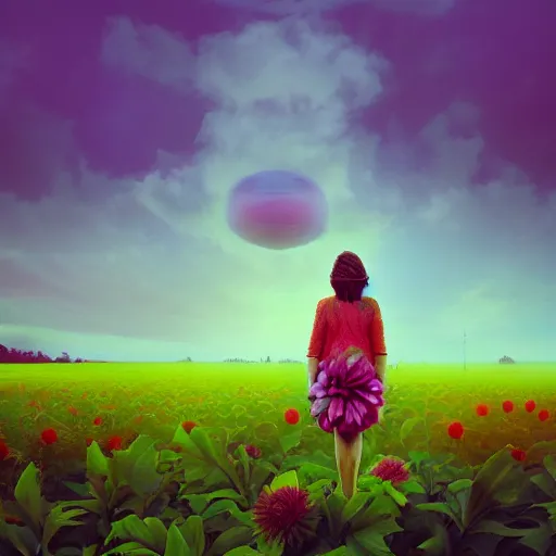 Image similar to giant dahlia flower as head, full body girl standing in a flower field, surreal photography, sunrise, dramatic light, impressionist painting, colorful clouds, digital painting, artstation, simon stalenhag