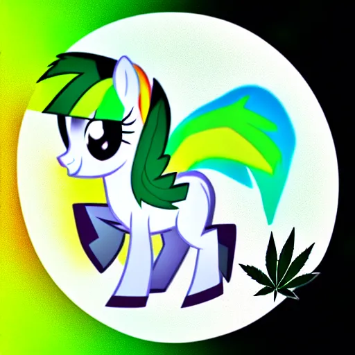 Prompt: white colored stoner pony from my little pony, marijuana themed, weed cutie mark, art, smoke everywhere, colorful, 3 d, render, blender 3 d, soft lighting, green mane, surrounded by smoke clouds spiraling around