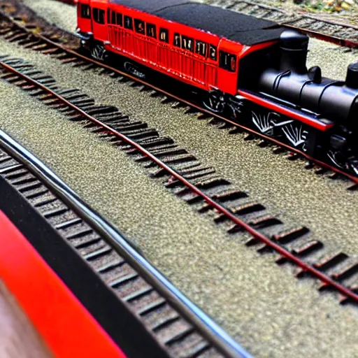 Prompt: photo realistic black and red thomas the train going fast