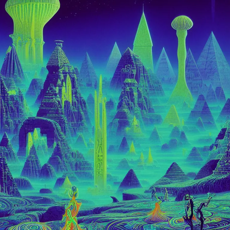 Prompt: mysterious egyptian dieties hovering over mystical crystal temple, infinite fractal waves, synthwave, bright neon colors, highly detailed, cinematic, eyvind earle, tim white, philippe druillet, roger dean, ernst haeckel, lisa frank, aubrey beardsley, stanley kubrick