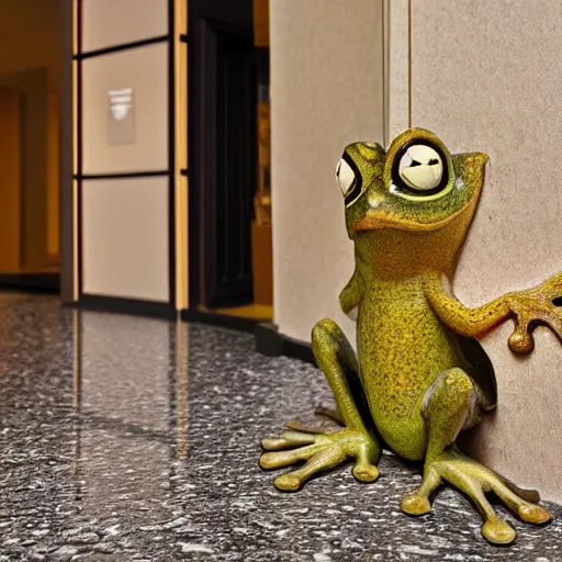 Image similar to a small frog standing on two feet at the hotel reception entry, renaissance painting